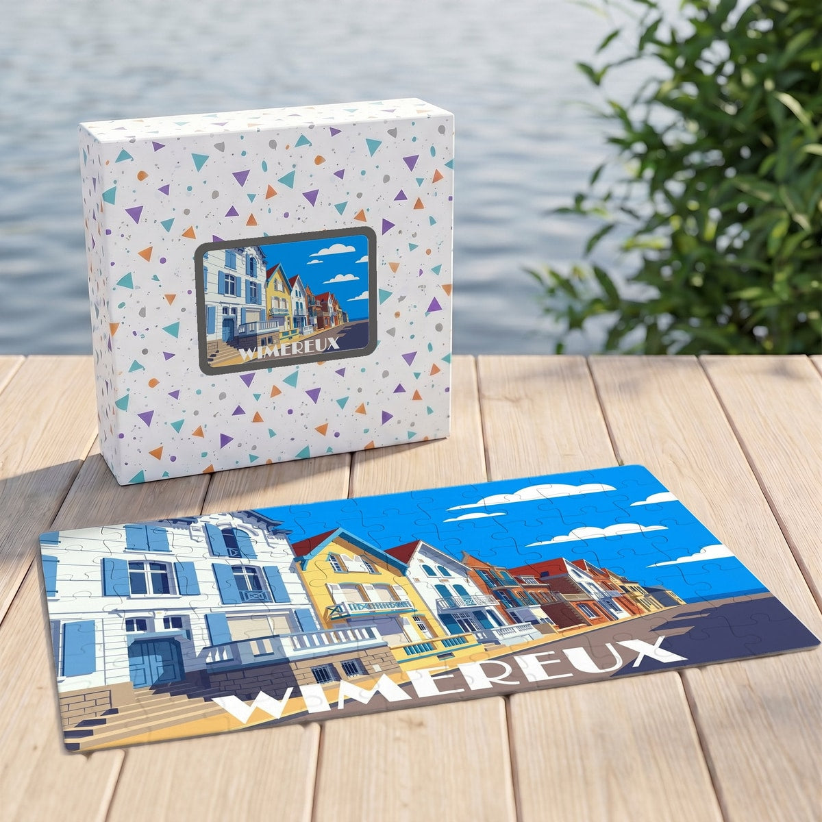 Puzzle souvenir de la ville de Wimereux avec une illustration stylisée de maisons colorées en bord de mer.
