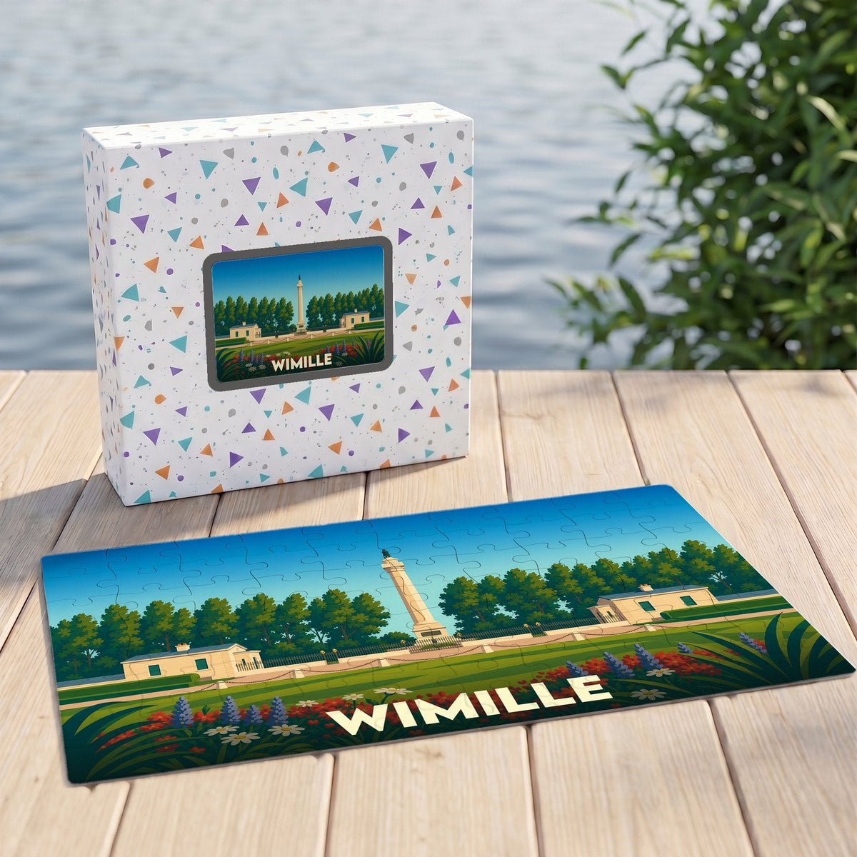 Puzzle souvenir de la ville de Wimille avec une illustration stylisée et colorée.