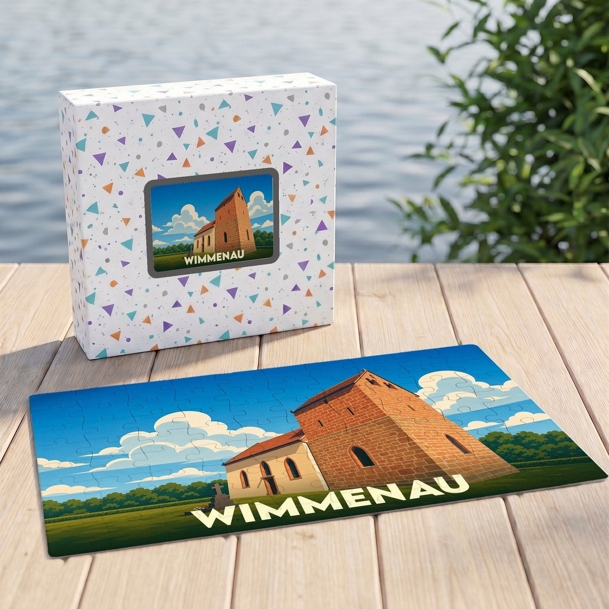 Puzzle souvenir de la ville de Wimmenau avec une illustration stylisée d'une église sur sa boîte et en version assemblée.