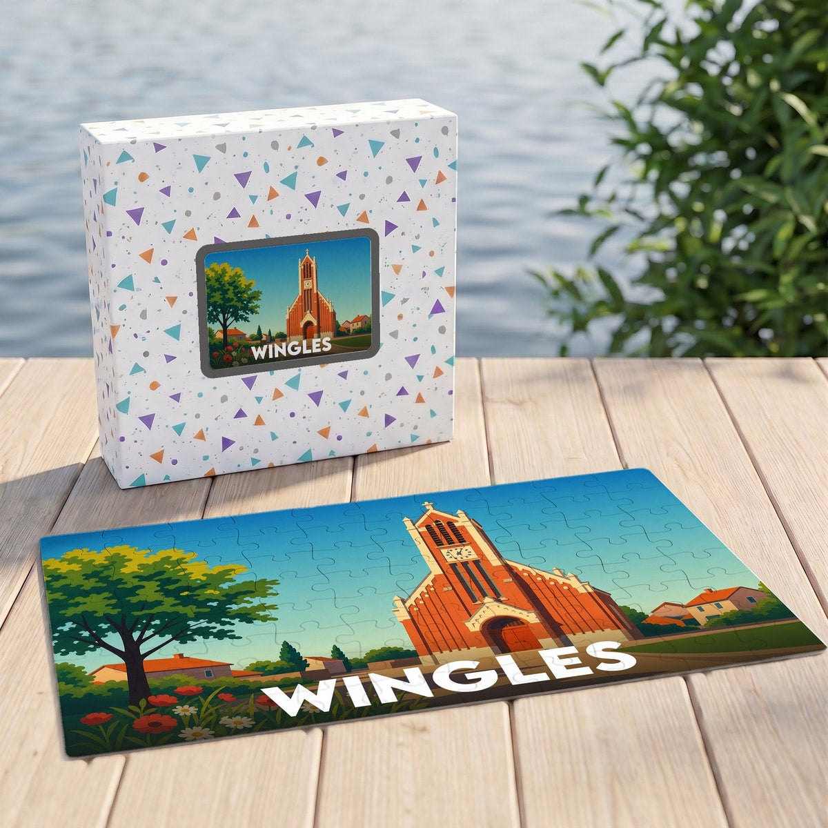Puzzle souvenir de la ville de Wingles avec une illustration stylisée de son église.