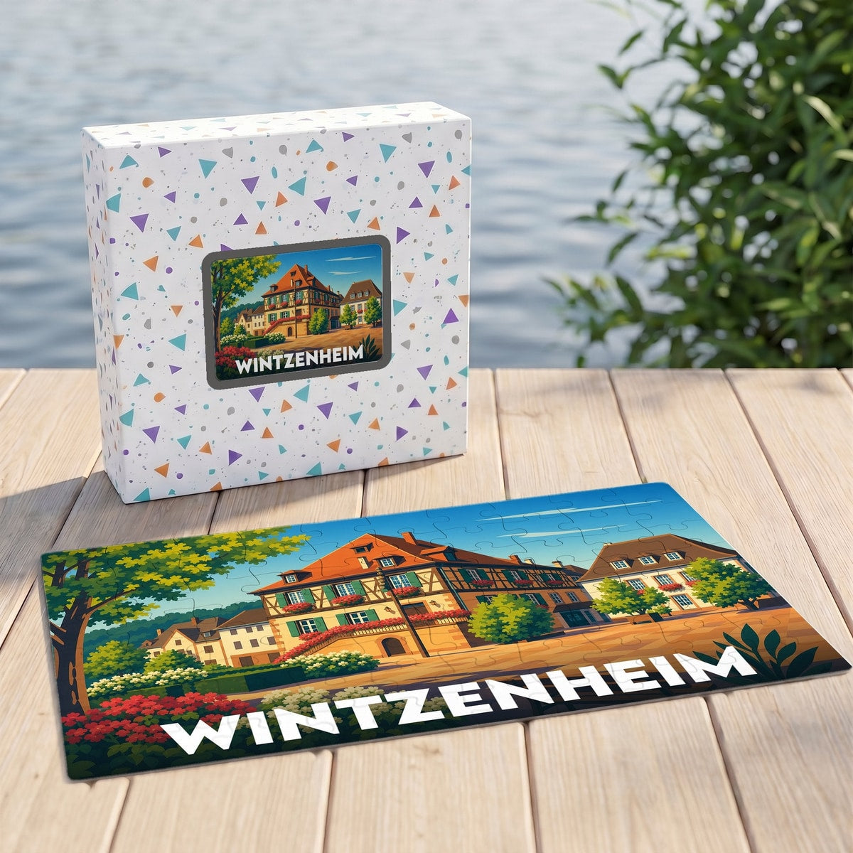 Puzzle souvenir de la ville de Wintzenheim avec une illustration colorée de maisons à colombages.