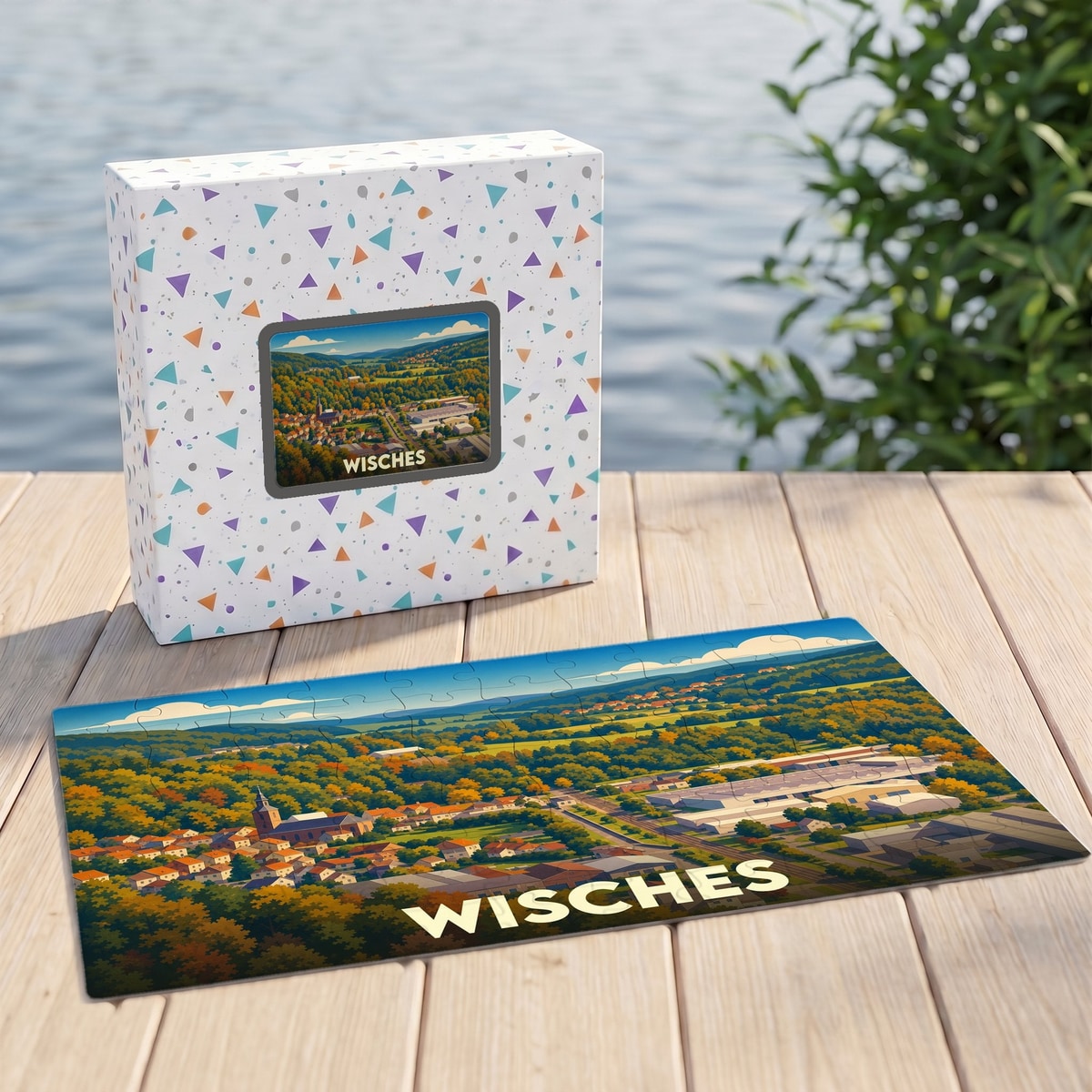 Puzzle souvenir de la ville de Wisches avec une illustration stylisée de son paysage urbain et naturel.