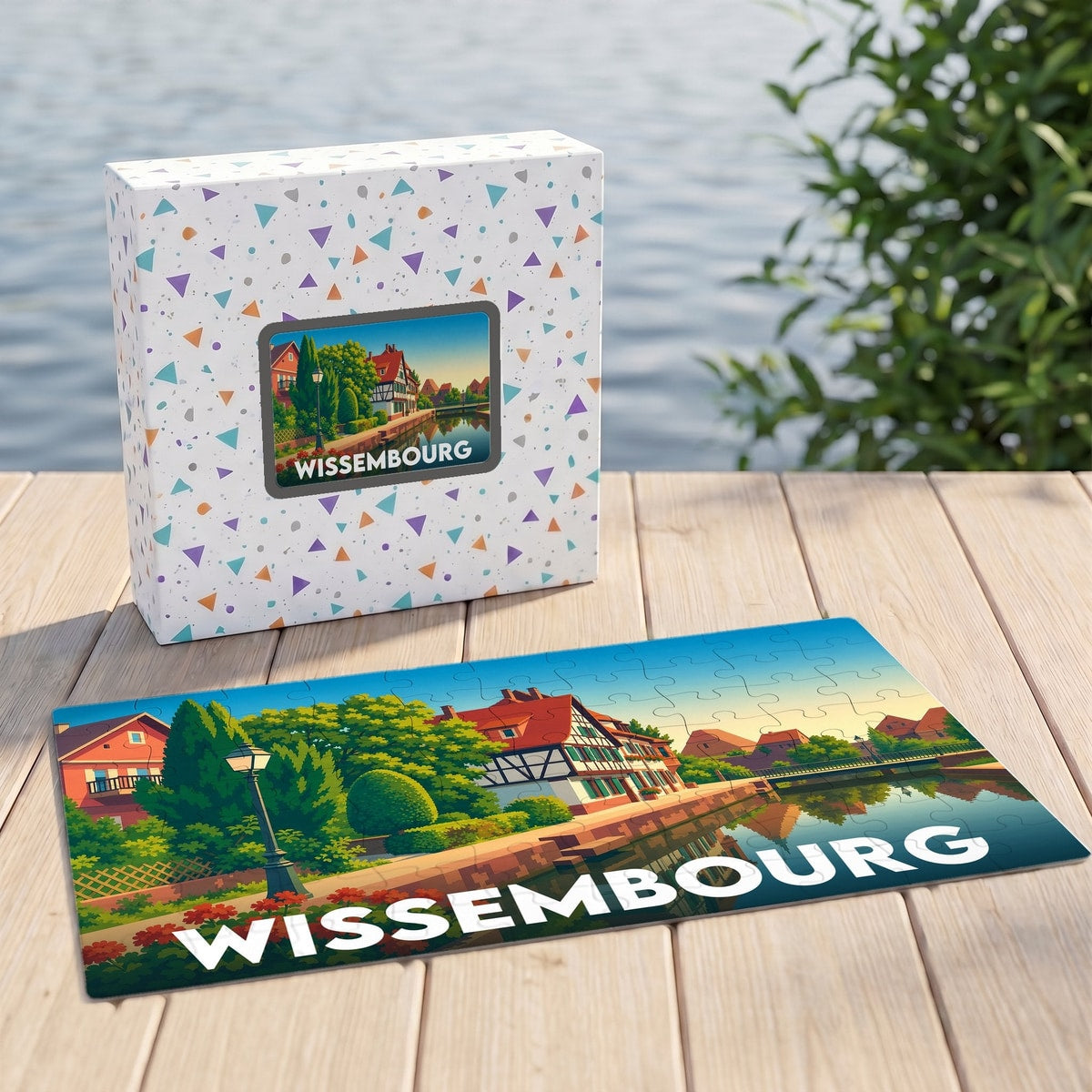 Puzzle souvenir de la ville de Wissembourg avec une illustration stylisée d'un paysage urbain au bord de l'eau.