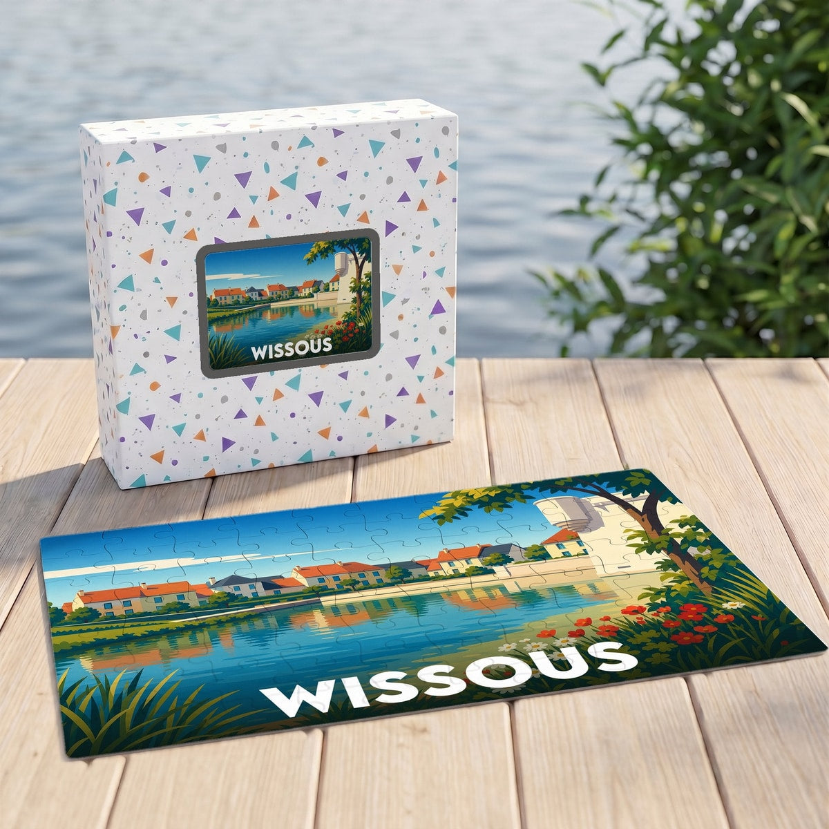 Puzzle souvenir de la ville de Wissous avec une illustration stylisée d'un paysage urbain au bord de l'eau.