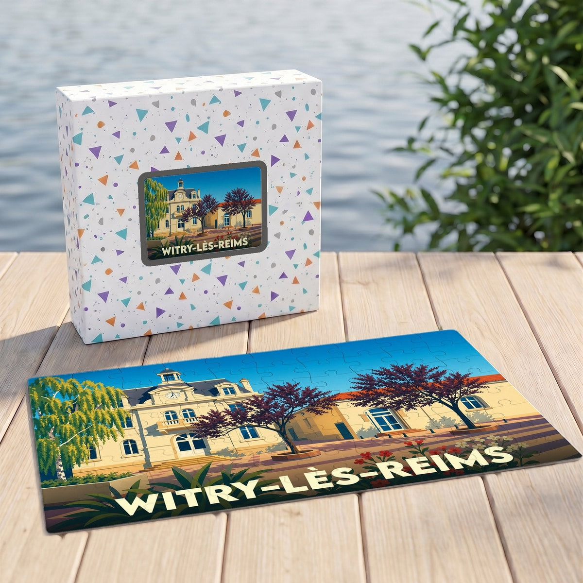 Puzzle souvenir de la ville de Witry-lès-Reims avec une illustration stylisée de son hôtel de ville.