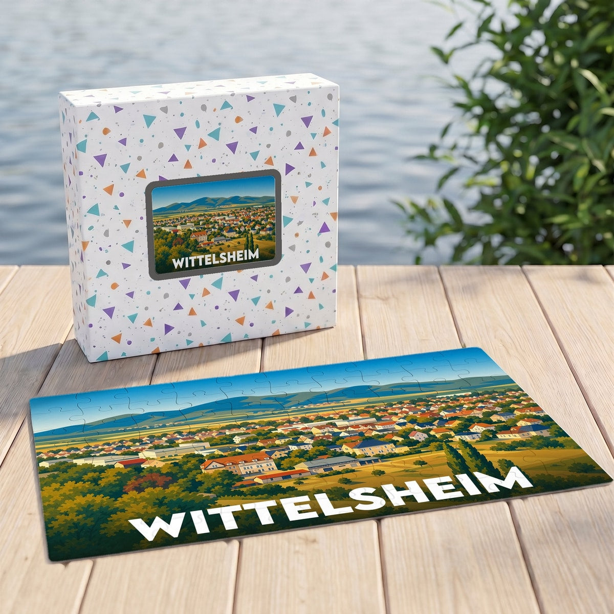 Puzzle souvenir de la ville de Wittelsheim représentant une vue panoramique illustrée de la commune.