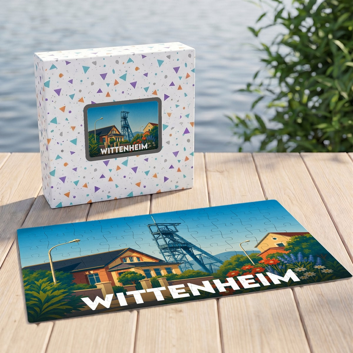 Puzzle souvenir de la ville de Wittenheim illustrant ses paysages caractéristiques dans un style coloré.