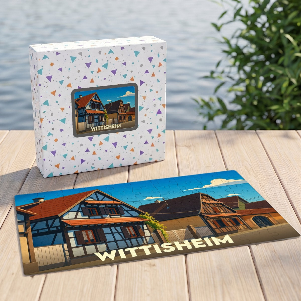 Puzzle souvenir de la ville de Wittisheim représentant des maisons à colombages avec une illustration stylisée.