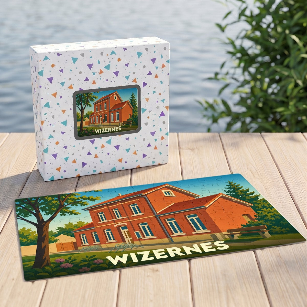 Puzzle souvenir de la ville de Wizernes avec une illustration stylisée d'un bâtiment en briques rouges.