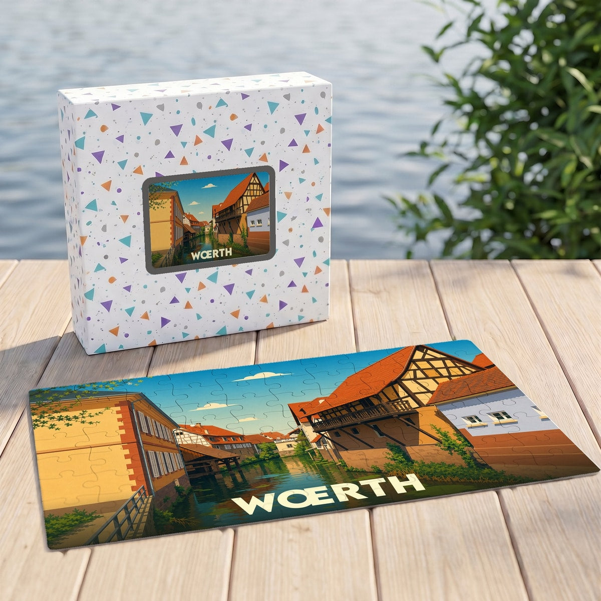 Puzzle souvenir de la ville de Wœrth avec une illustration stylisée d'un canal bordé de maisons à colombages.