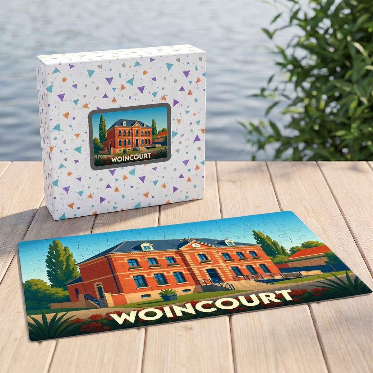 Puzzle souvenir de la ville de Woincourt avec une illustration stylisée de sa mairie.