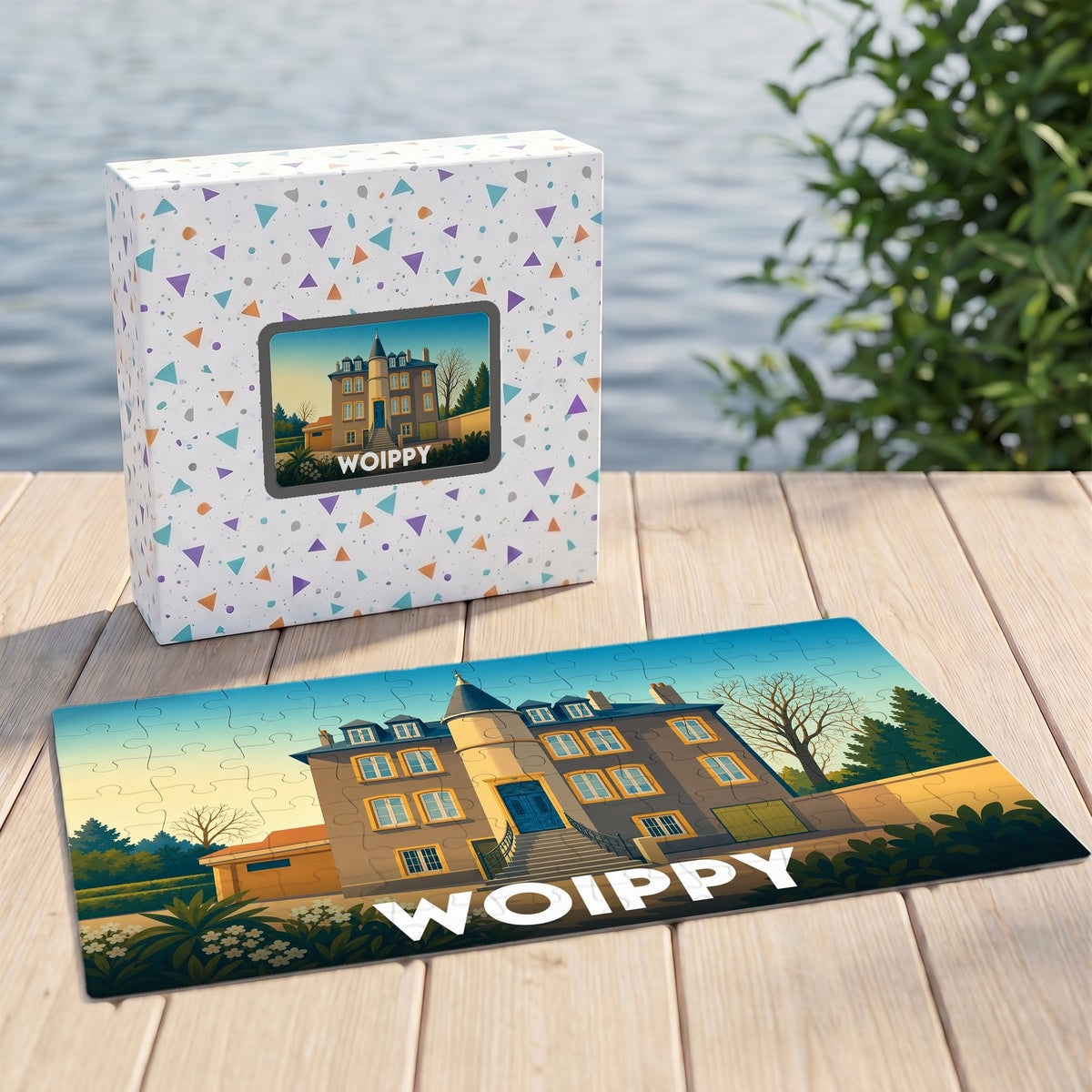 Puzzle souvenir de la ville de Woippy avec une illustration stylisée d'un château.
