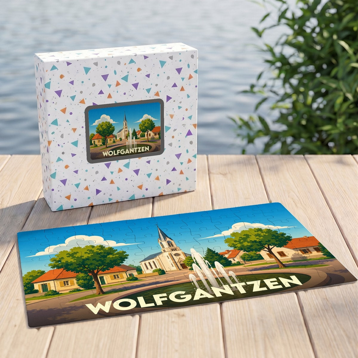 Puzzle souvenir de la ville de Wolfgantzen avec une illustration stylisée d'une place et de son église.