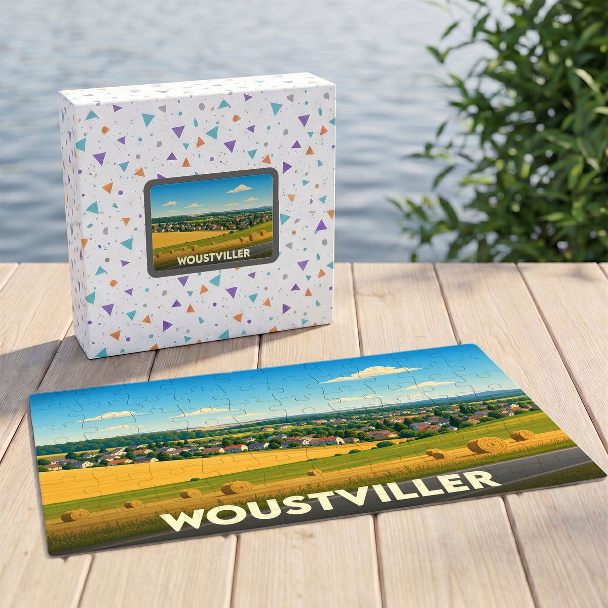Puzzle souvenir de la ville de Woustviller avec une illustration stylisée de paysages champêtres.