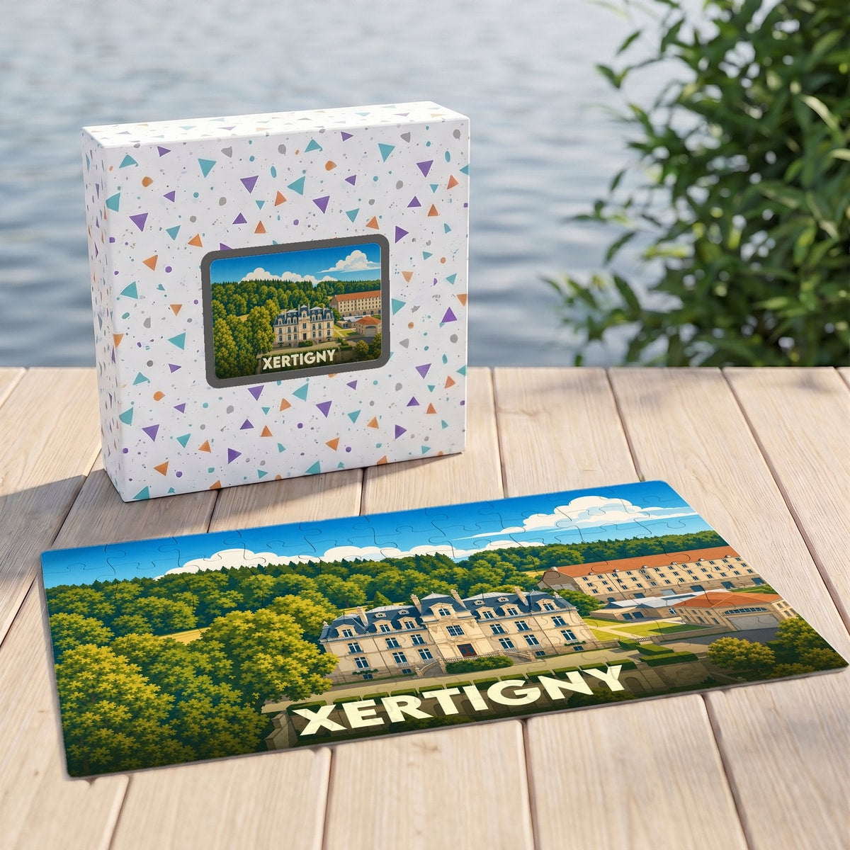 Puzzle souvenir de la ville de Xertigny avec une illustration stylisée d'un château et de sa boîte assortie.