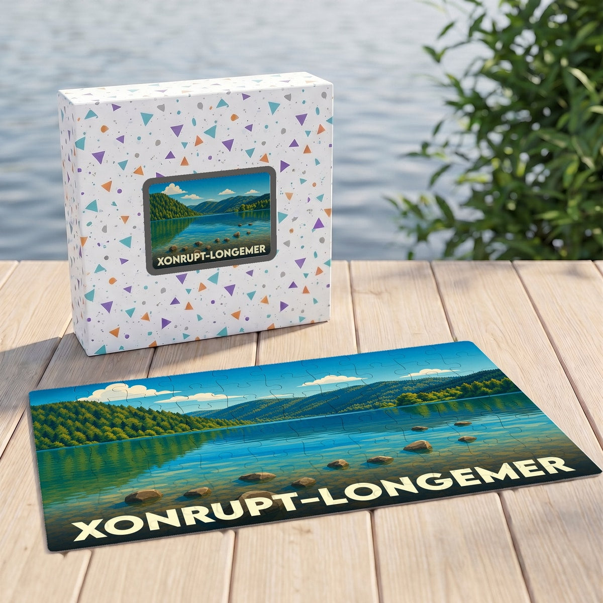 Puzzle souvenir de la ville de Xonrupt-Longemer avec une illustration stylisée d'un lac de montagne.