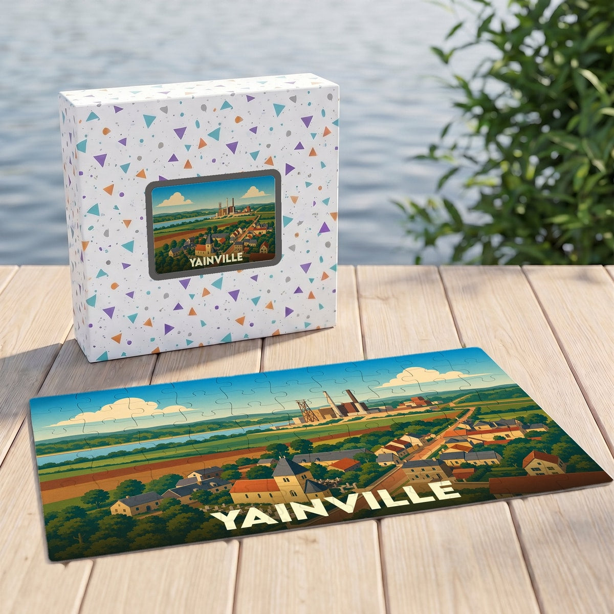 Puzzle souvenir de la ville de Yainville avec une illustration stylisée de son paysage urbain et industriel.