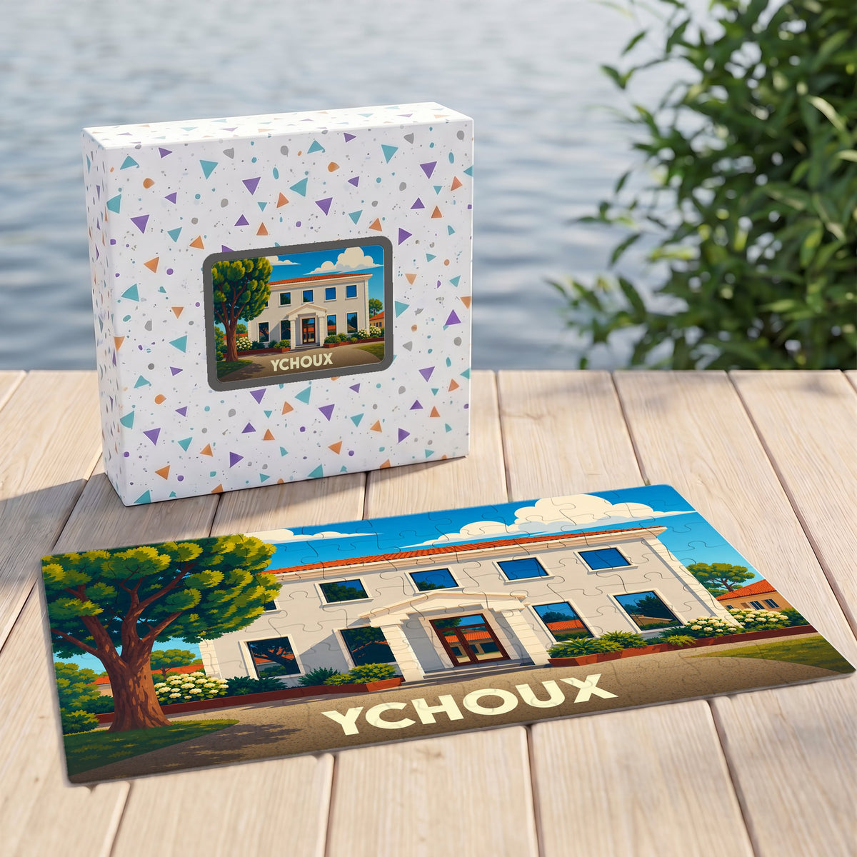 Puzzle souvenir de la ville d'Ychoux avec une illustration stylisée de sa mairie.