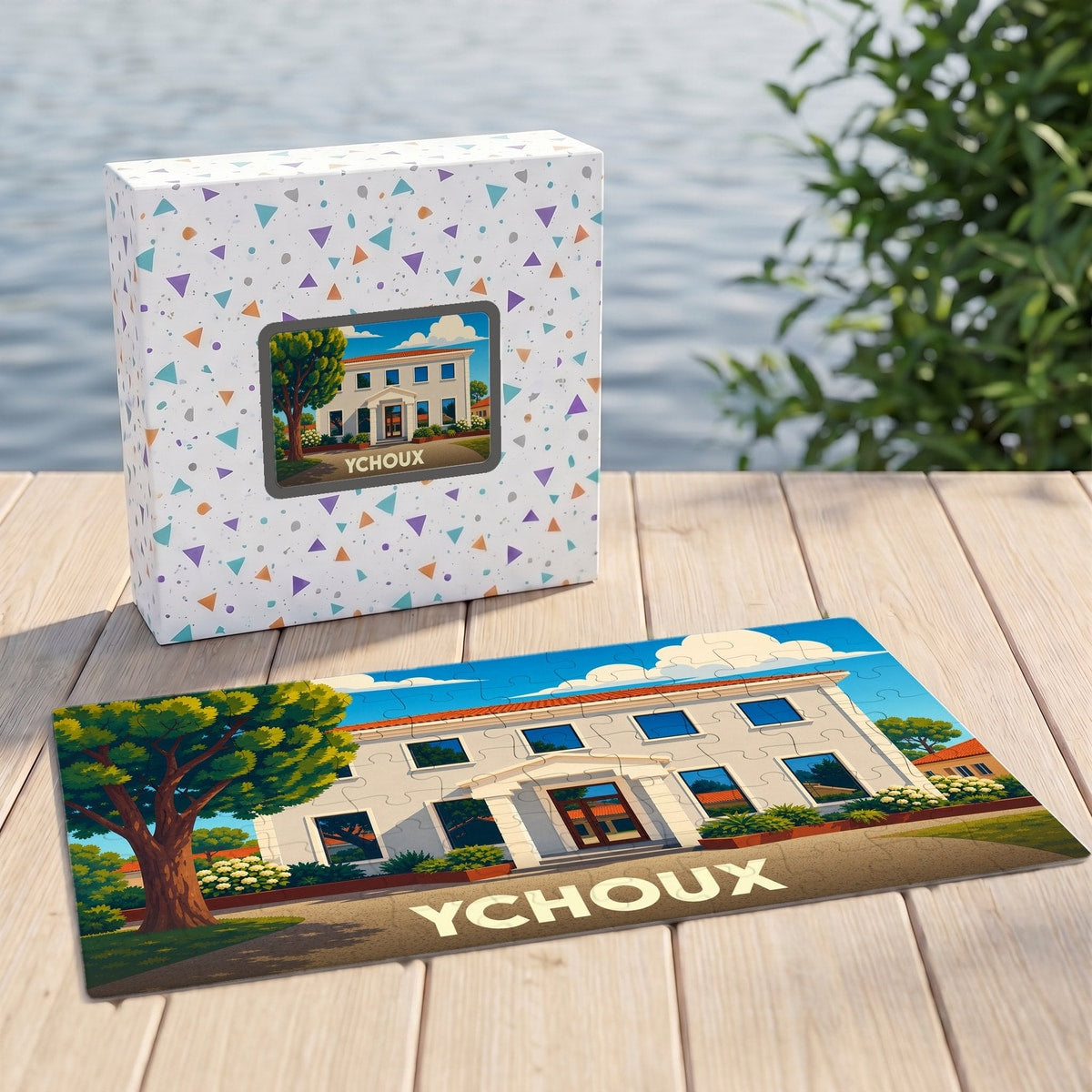 Puzzle souvenir de la ville d'Ychoux avec une illustration stylisée de sa mairie.