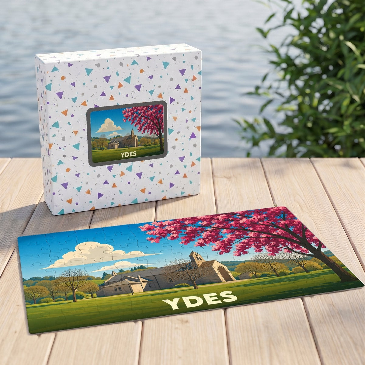 Puzzle souvenir de la ville d'Ydes avec une illustration stylisée d'un paysage printanier.