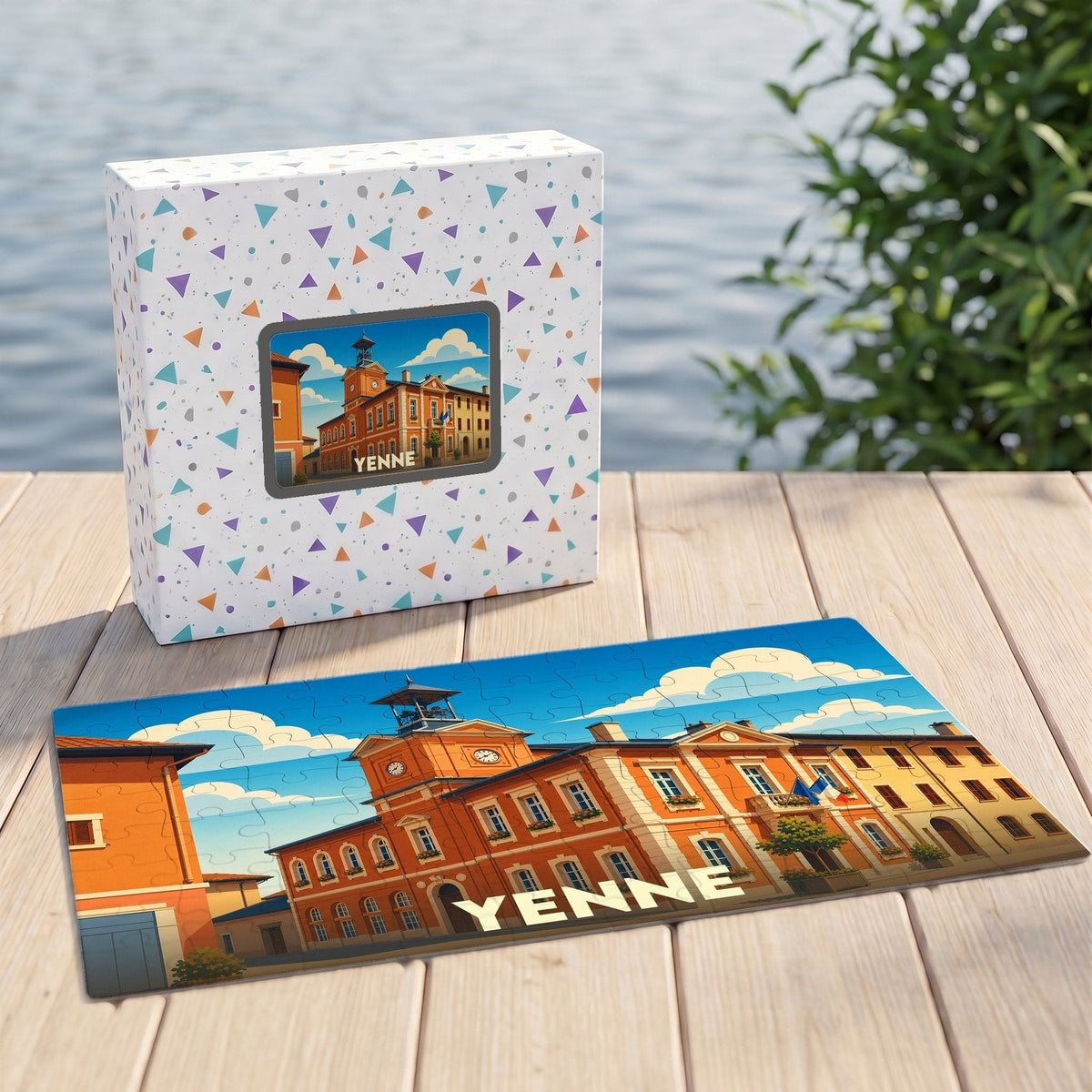 Puzzle souvenir de la ville de Yenne avec une illustration stylisée d'un bâtiment historique sous un ciel bleu.