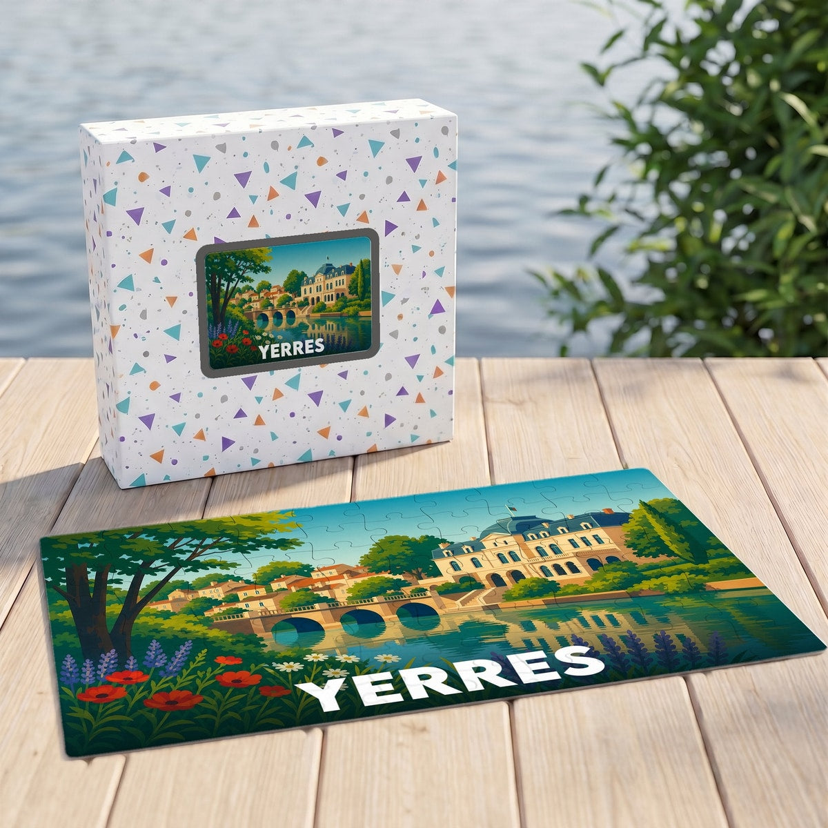 Puzzle souvenir de la ville de Yerres avec une illustration stylisée d'un manoir au bord de l'eau.
