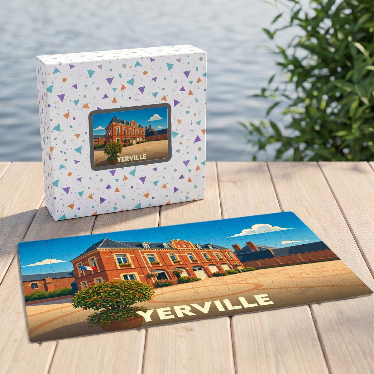Puzzle souvenir de la ville d'Yerville avec une illustration stylisée d'un bâtiment historique en briques rouges.