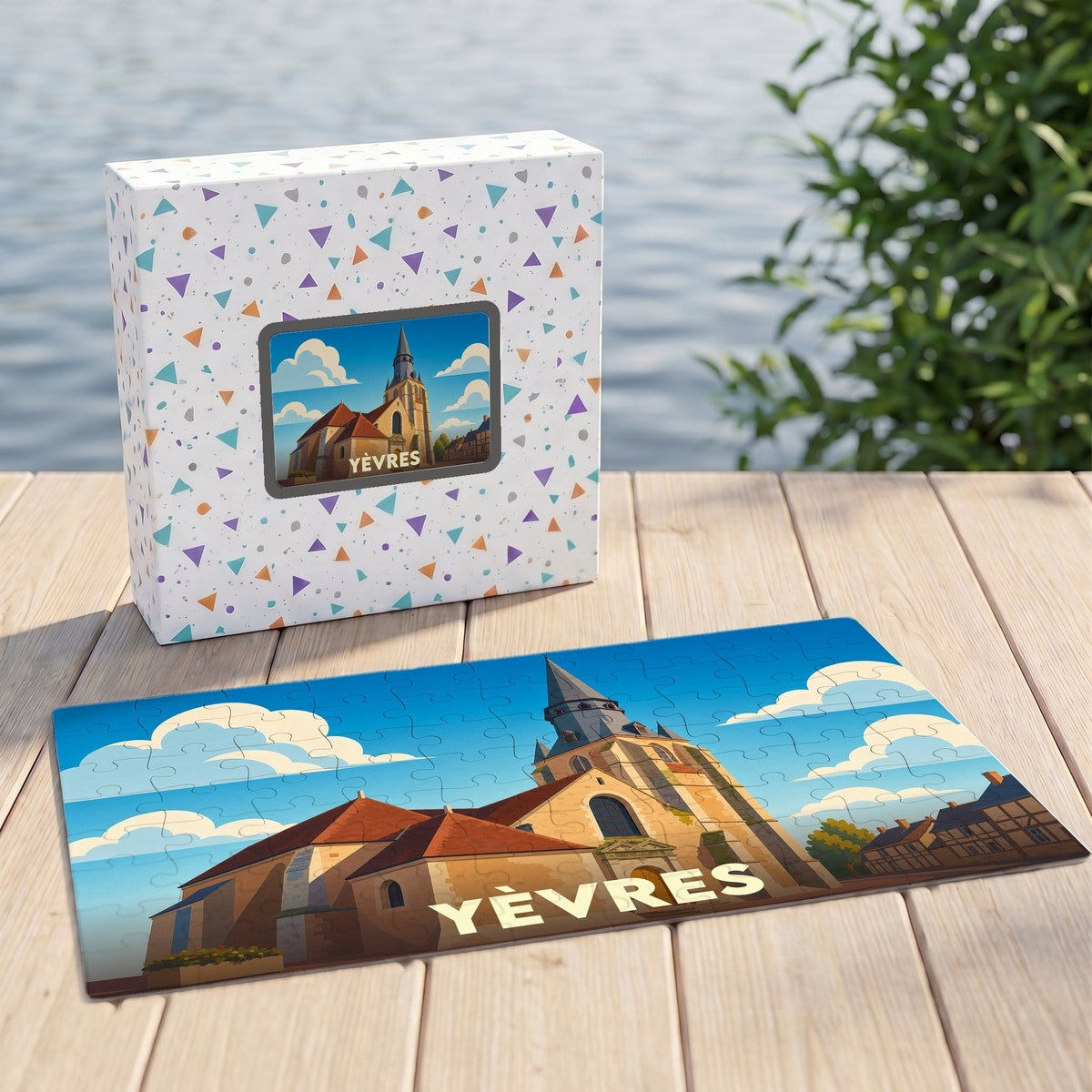 Puzzle souvenir de la ville de Yèvres avec une illustration stylisée d'une église sur sa boîte et en version assemblée.