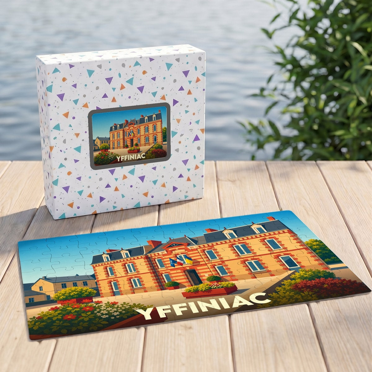 Puzzle souvenir de la ville d'Yffiniac avec une illustration colorée de l'hôtel de ville.