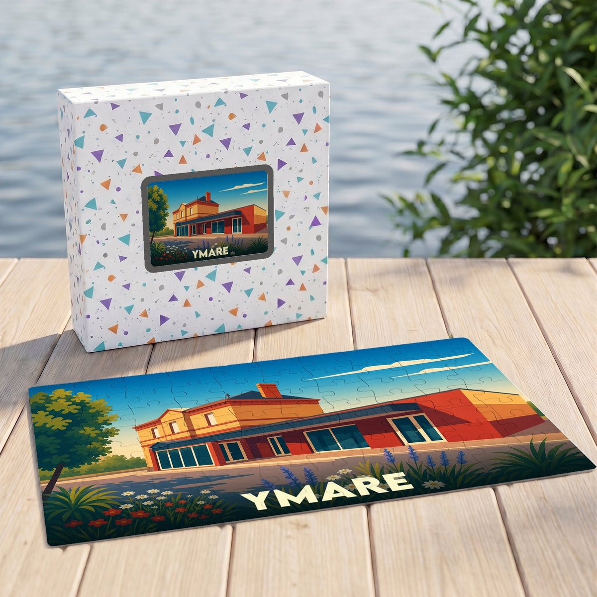 Puzzle souvenir de la ville d'Ymare avec une illustration stylisée d'un bâtiment sous un ciel dégagé.