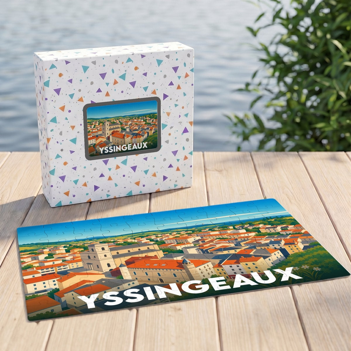Puzzle souvenir de la ville de Yssingeaux représentant une illustration panoramique stylisée de ses toits.