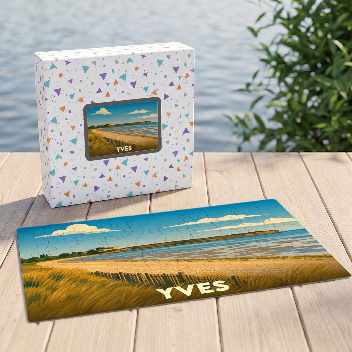 Puzzle souvenir de la ville de Yves avec une illustration stylisée d'un paysage côtier.