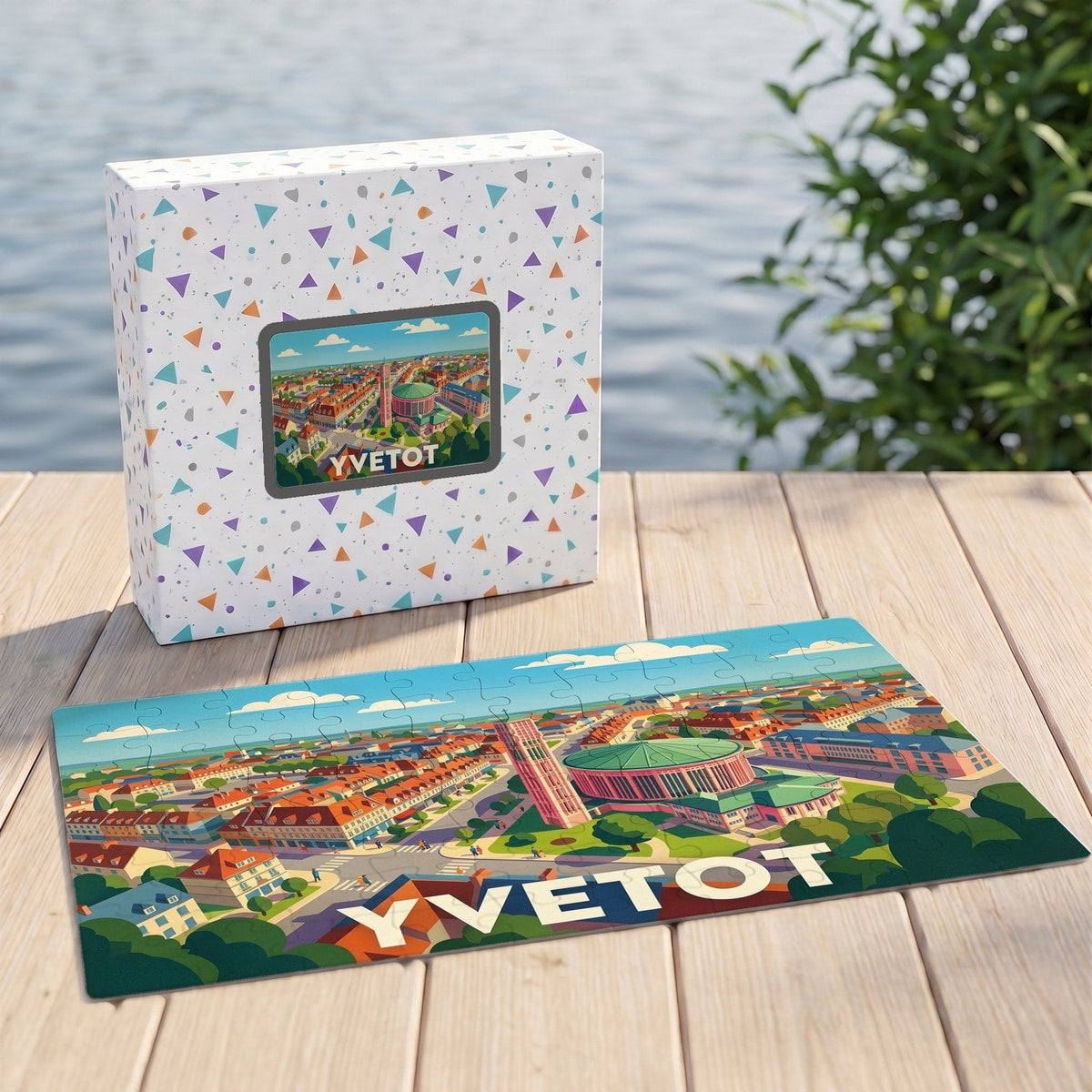 Puzzle souvenir de la ville d'Yvetot présentant une illustration panoramique colorée et stylisée dans sa boîte assortie.