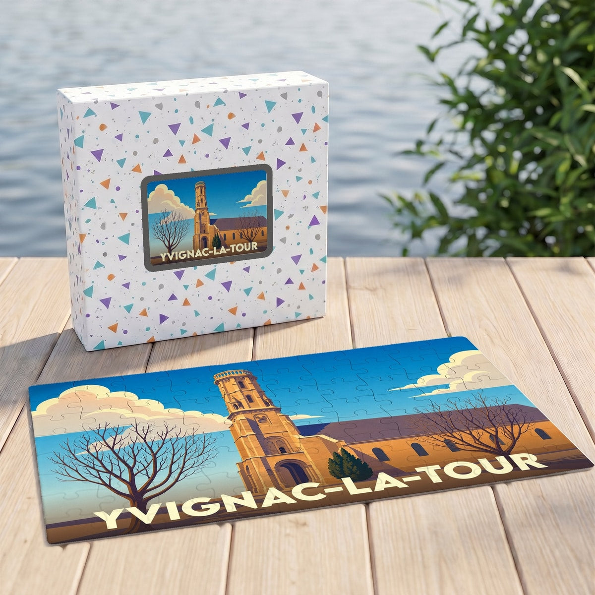 Puzzle souvenir de la ville d'Yvignac-la-Tour avec une illustration stylisée de son église.