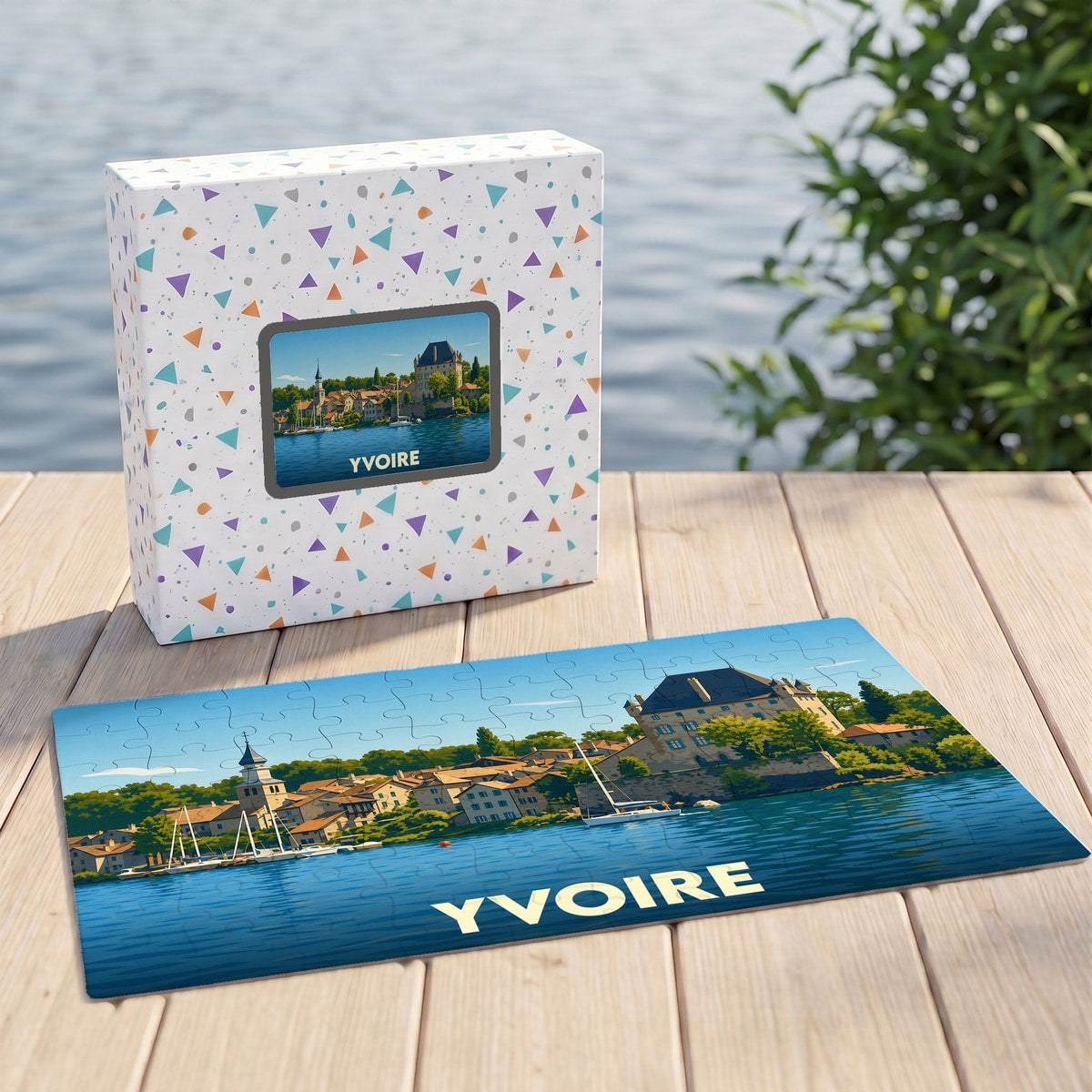 Puzzle souvenir de la ville d'Yvoire présentant une illustration stylisée de son front de lac et de son château.