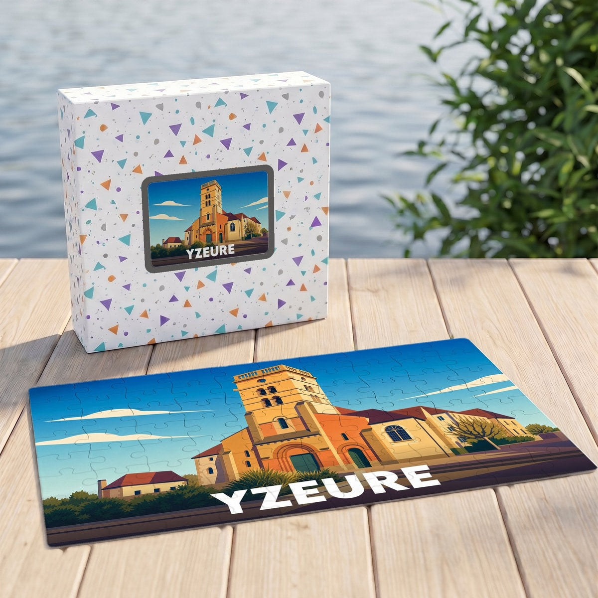 Puzzle souvenir de la ville d'Yzeure avec une illustration stylisée de son église et de la boîte assortie.