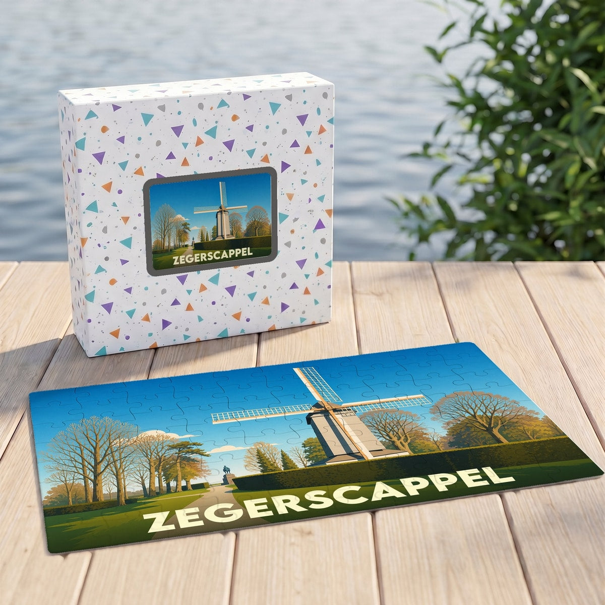 Puzzle souvenir de la ville de Zegerscappel avec une illustration stylisée d'un moulin.