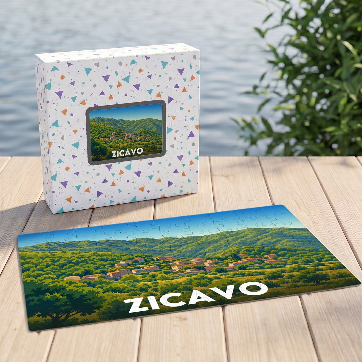 Puzzle souvenir de la ville de Zicavo illustrant un village niché dans des montagnes verdoyantes.