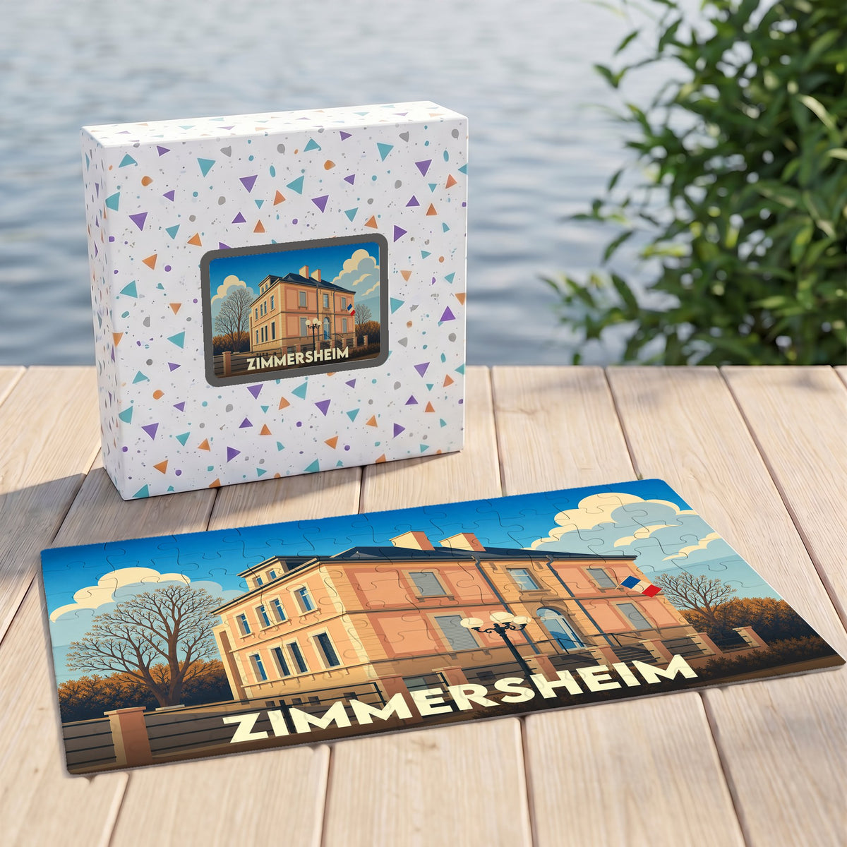 Puzzle souvenir de la ville de Zimmersheim avec une illustration stylisée d'un bâtiment remarquable.