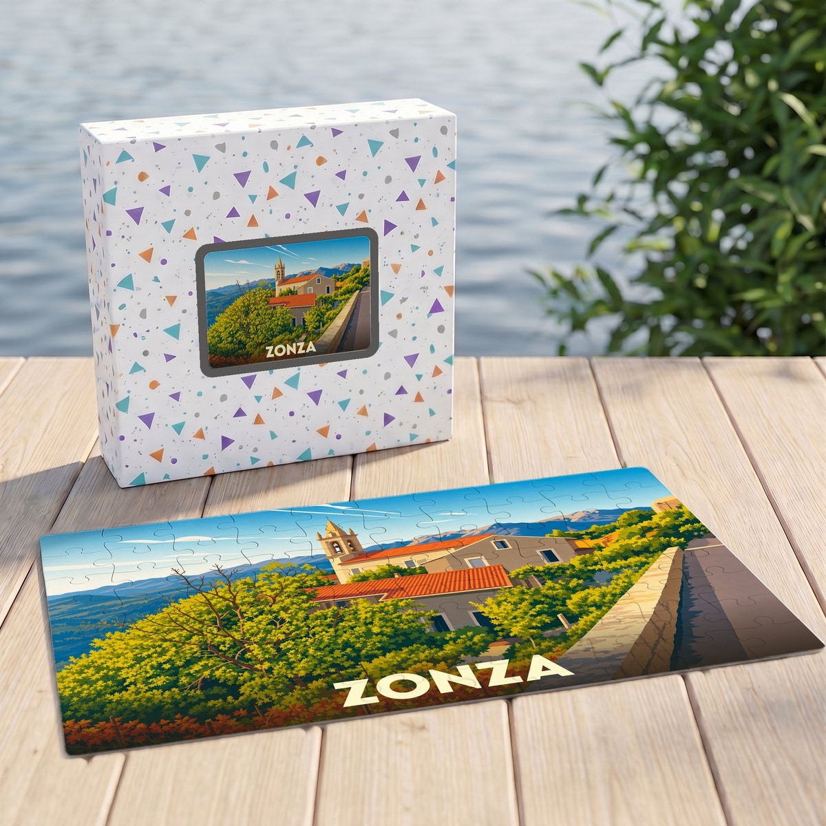 Puzzle souvenir de la ville de Zonza avec une illustration stylisée et colorée représentant le village.