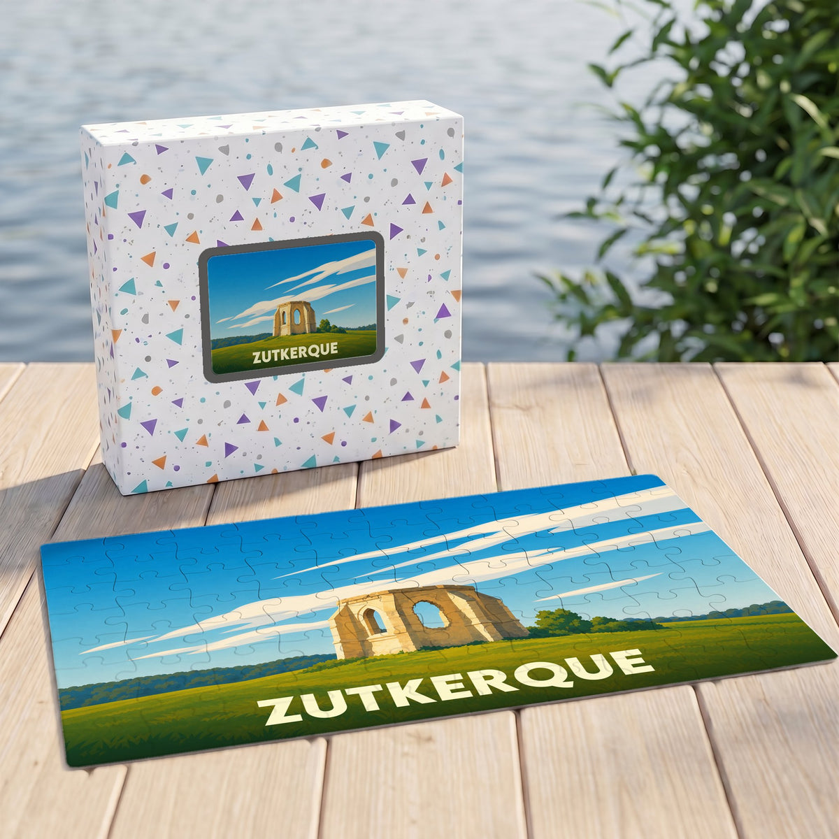 Puzzle souvenir de la ville de Zutkerque illustrant un monument historique sous un ciel bleu.