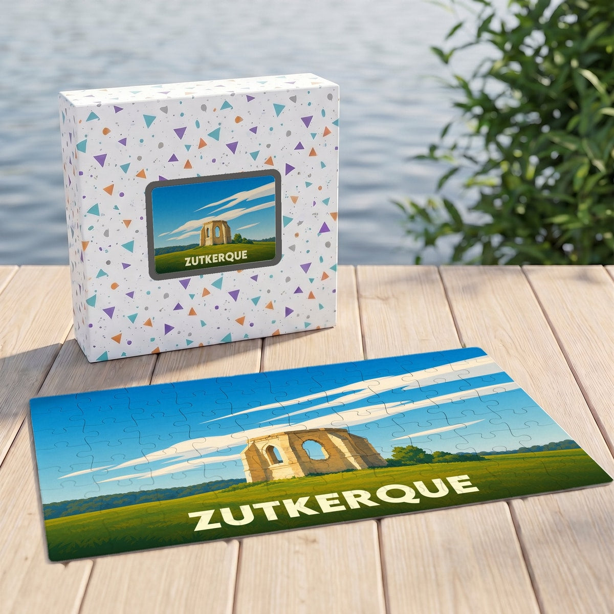 Puzzle souvenir de la ville de Zutkerque illustrant un monument historique sous un ciel bleu.