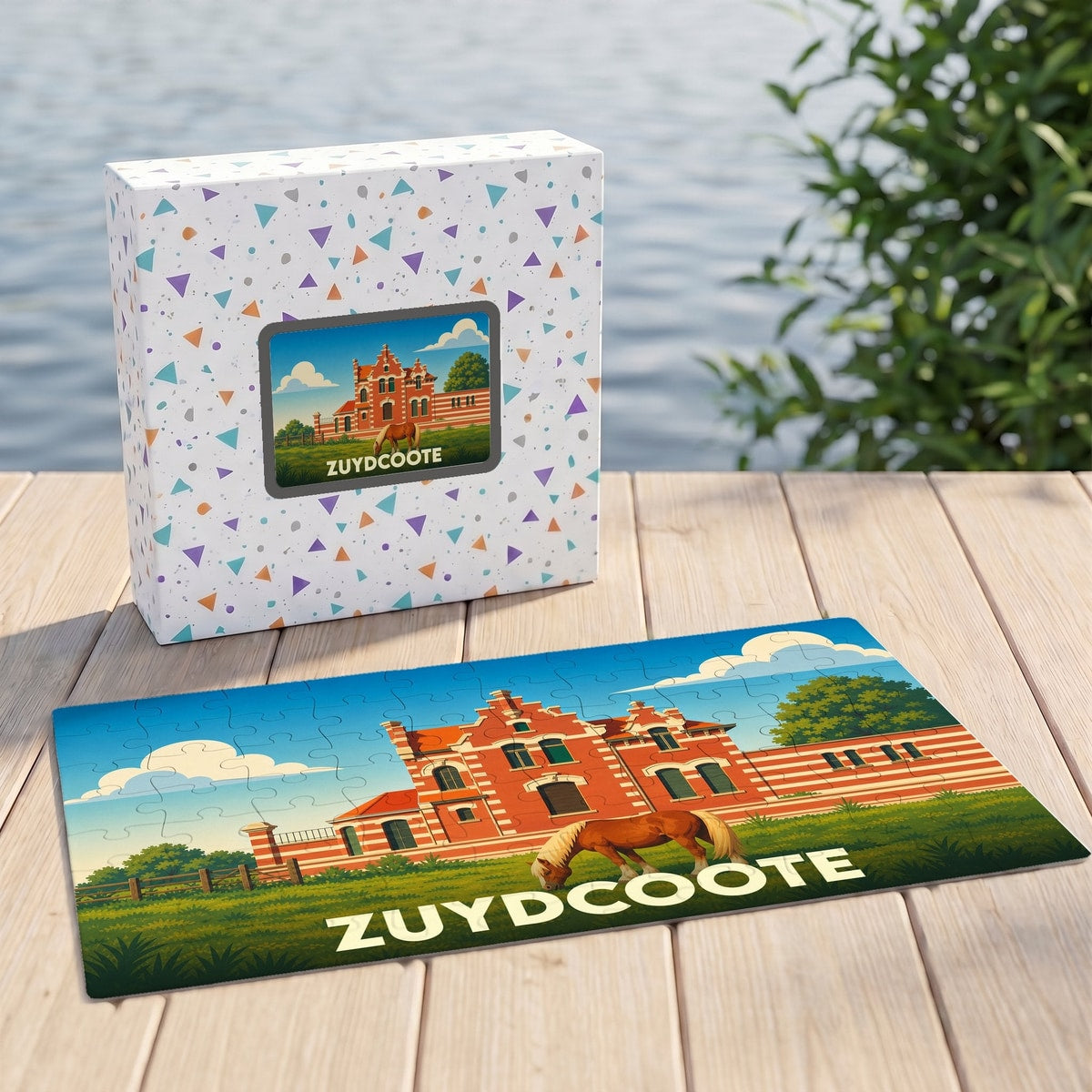 Puzzle souvenir de la ville de Zuydcoote avec une illustration stylisée d'un bâtiment en briques et d'un cheval.