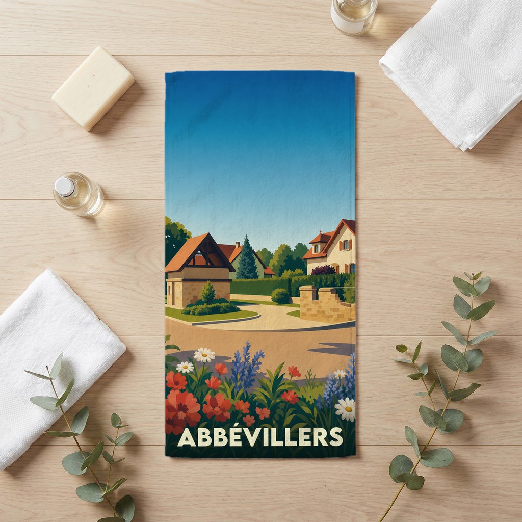 Serviette de bain souvenir de la ville d'Abbévillers avec une illustration de paysage villageois coloré.