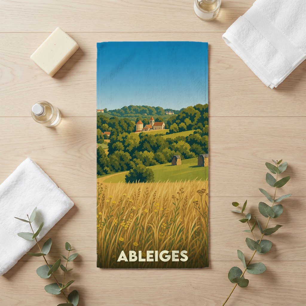 Serviette de bain souvenir de la ville d'Ableiges avec une illustration de paysage champêtre.