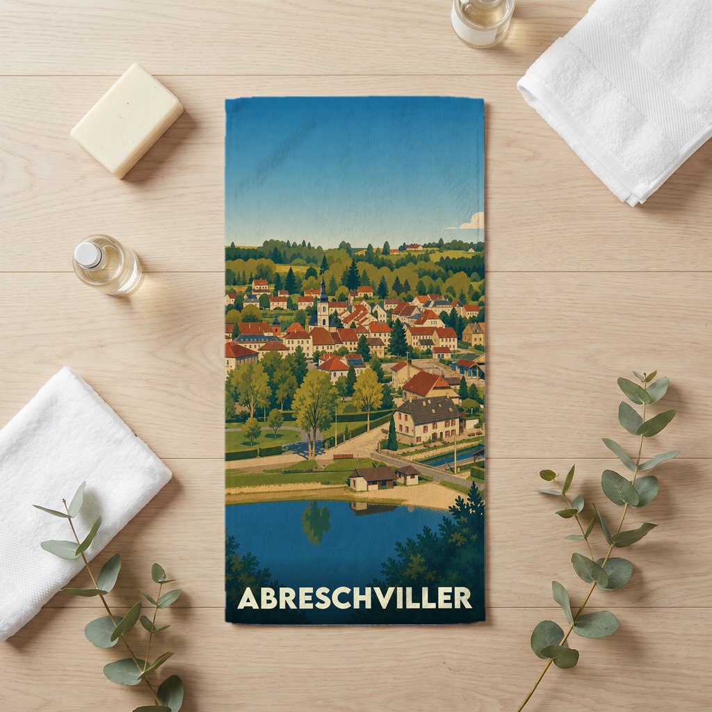 Serviette de bain souvenir de la ville d'Abreschviller illustrée par un paysage panoramique coloré.
