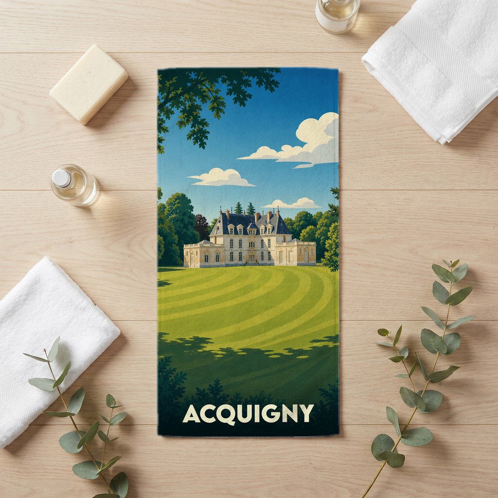 Serviette de bain souvenir de la ville de Acquigny avec une illustration stylisée de son château.