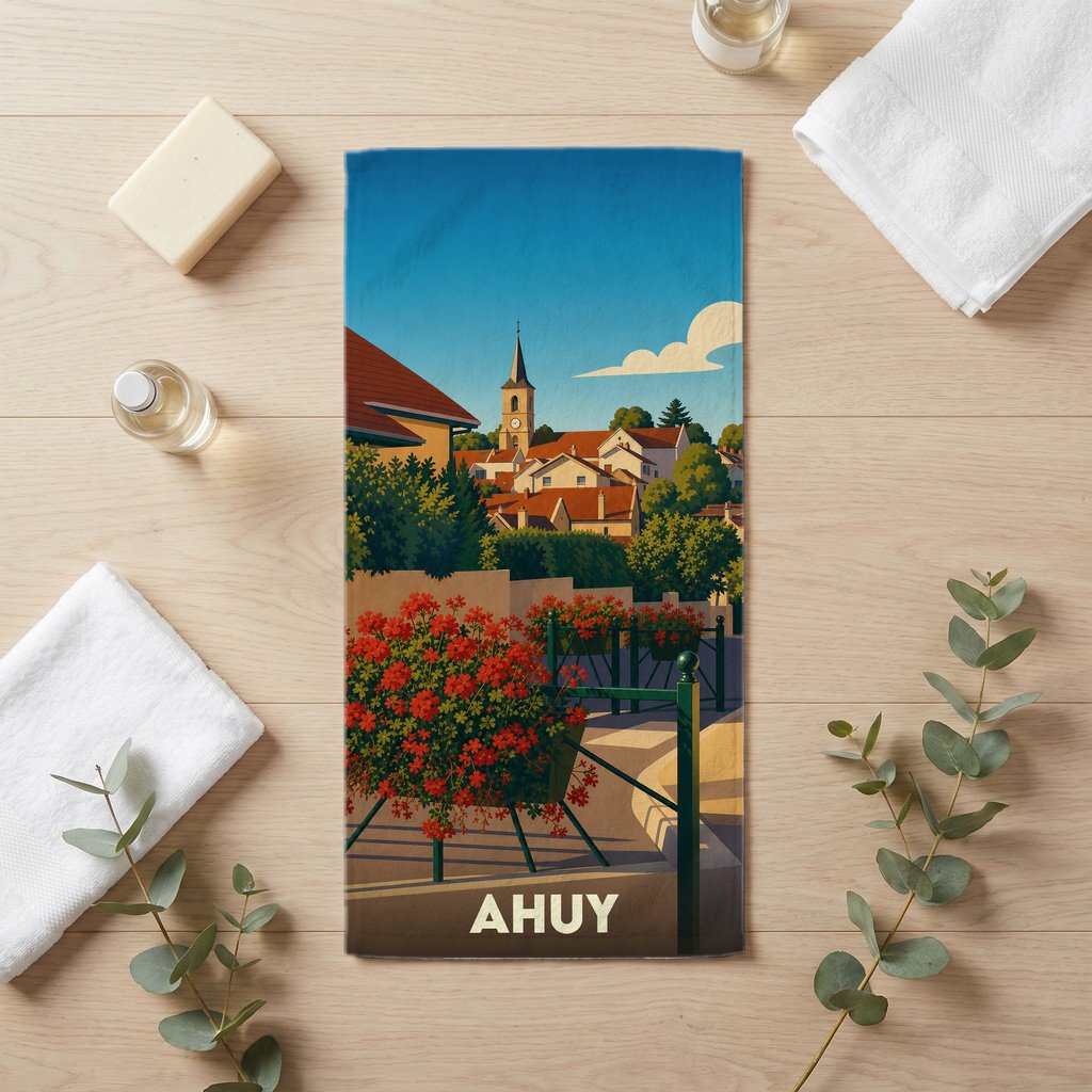 Serviette de bain souvenir de la ville de Ahuy avec une illustration stylisée.