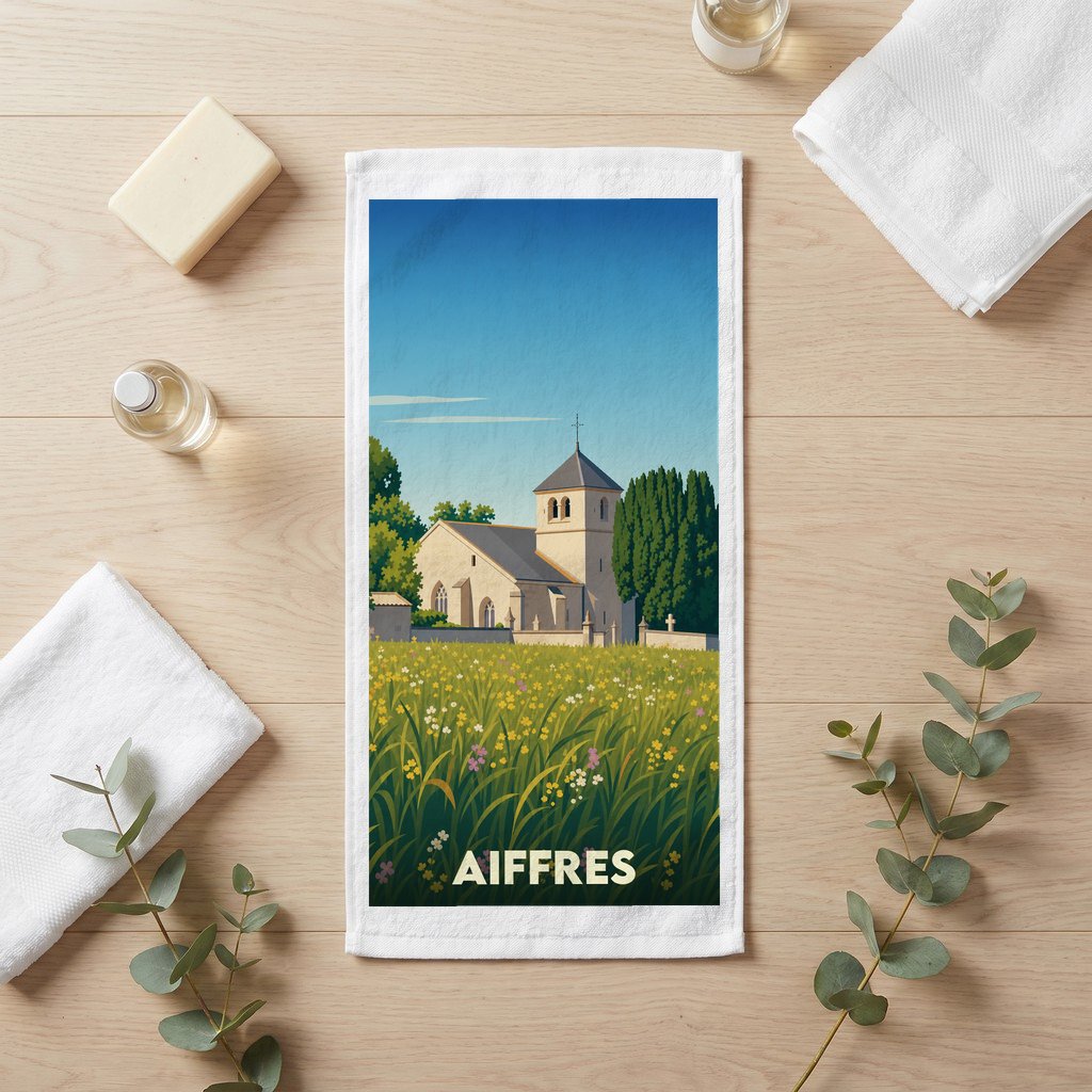 Serviette de bain souvenir de la ville d'Aiffres avec une illustration stylisée d'une église dans un champ de fleurs.