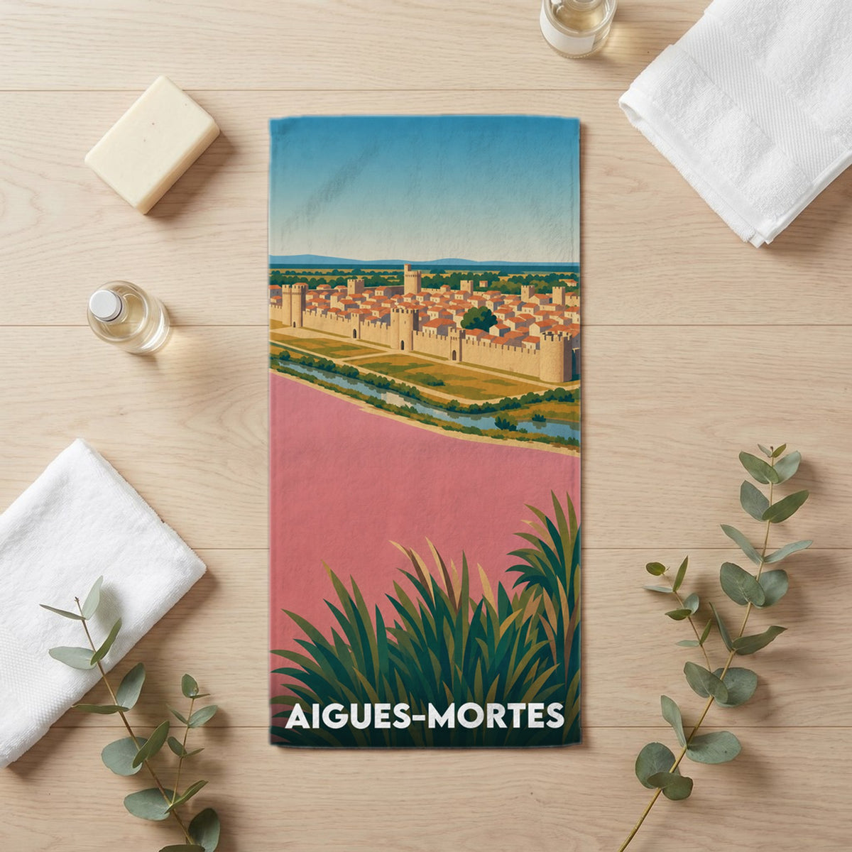 Serviette de bain 30 cm x 60 cm souvenir de Aigues-Mortes